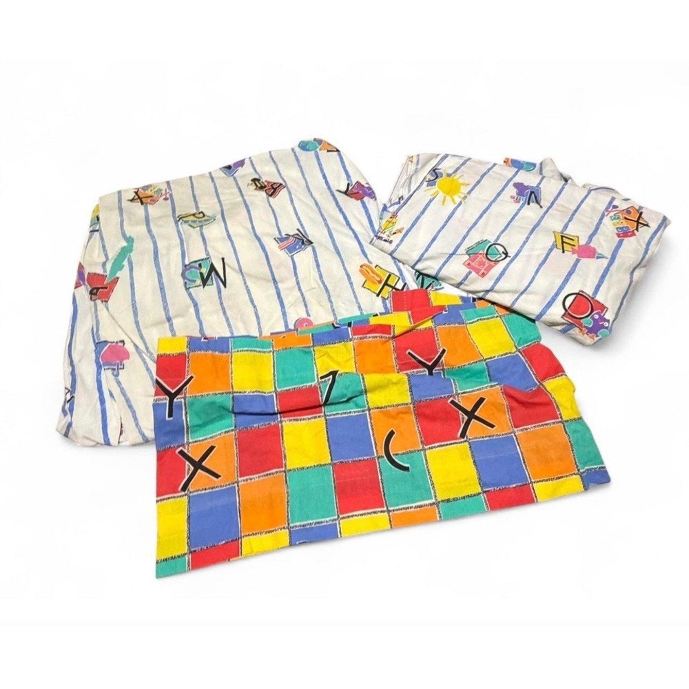 Vintage Crayola Kids Twin Sheet Set Flat‎ Fitted Sheet & Valance Bright Colors